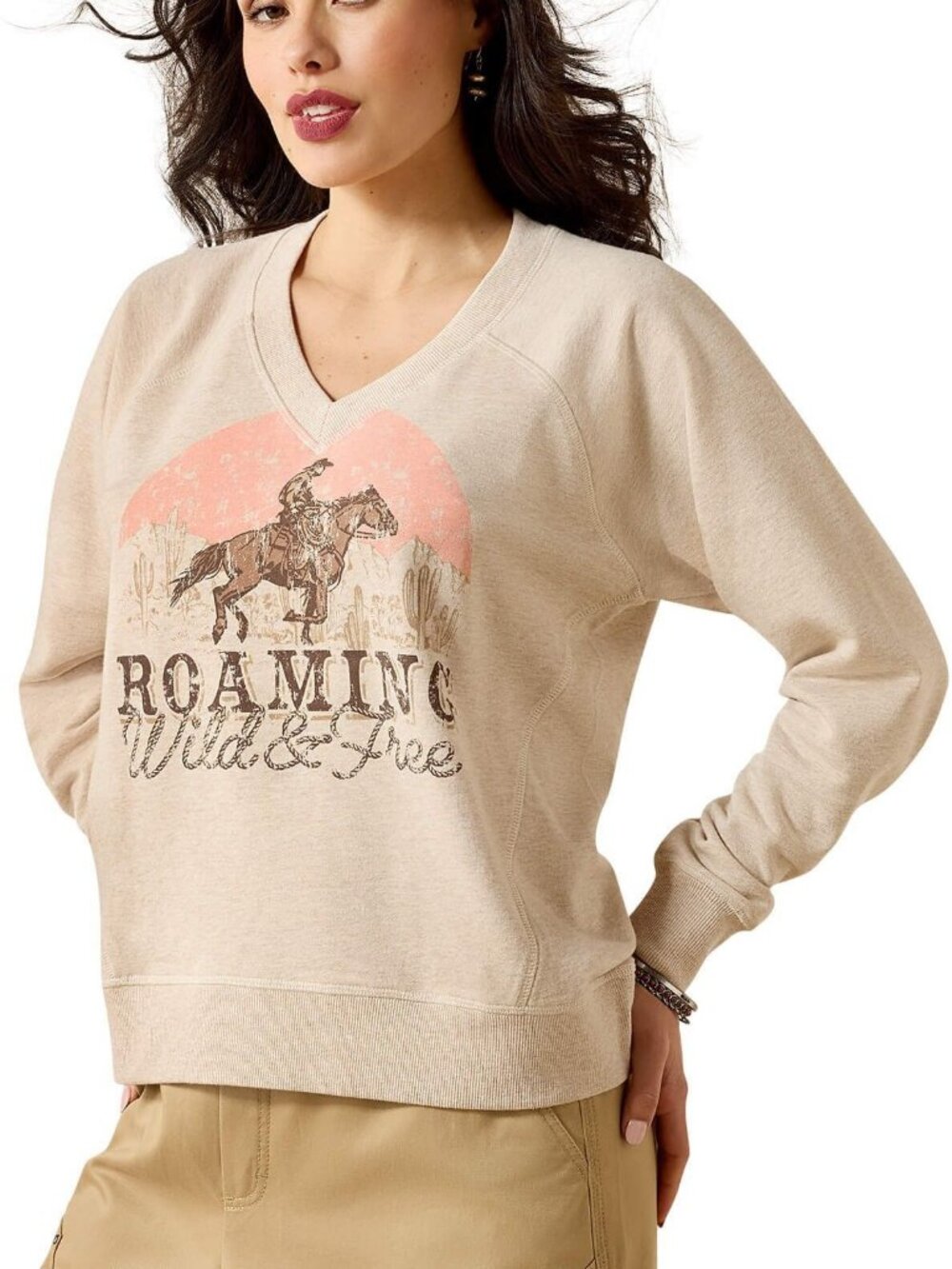 Ariat Women's XXL Victoria Roaming Wild & Free V Neck Sweatshirt Khaki Heather